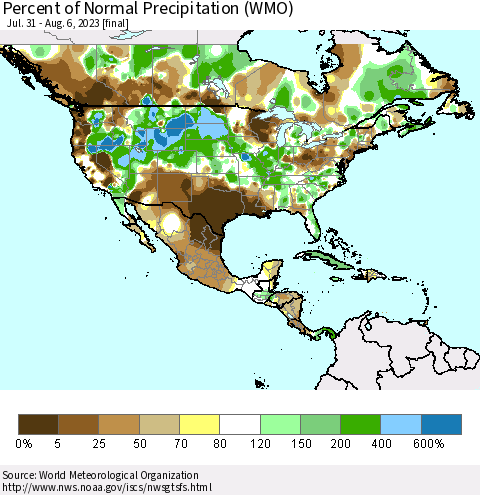 North America Percent of Normal Precipitation (WMO) Thematic Map For 7/31/2023 - 8/6/2023