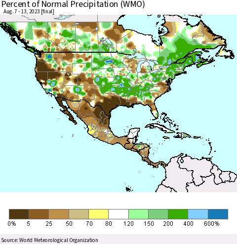 North America Percent of Normal Precipitation (WMO) Thematic Map For 8/7/2023 - 8/13/2023