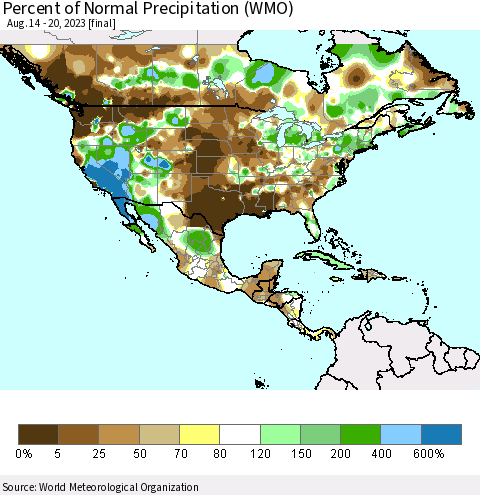 North America Percent of Normal Precipitation (WMO) Thematic Map For 8/14/2023 - 8/20/2023
