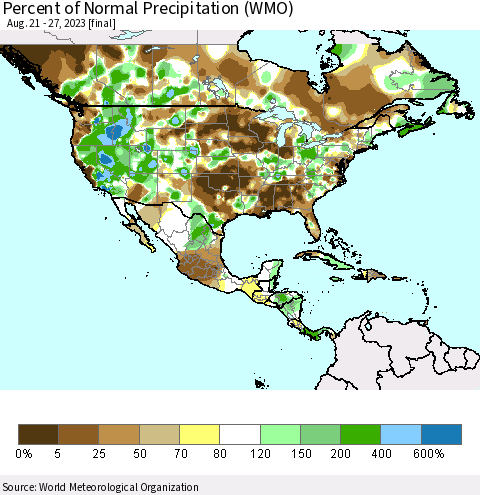 North America Percent of Normal Precipitation (WMO) Thematic Map For 8/21/2023 - 8/27/2023