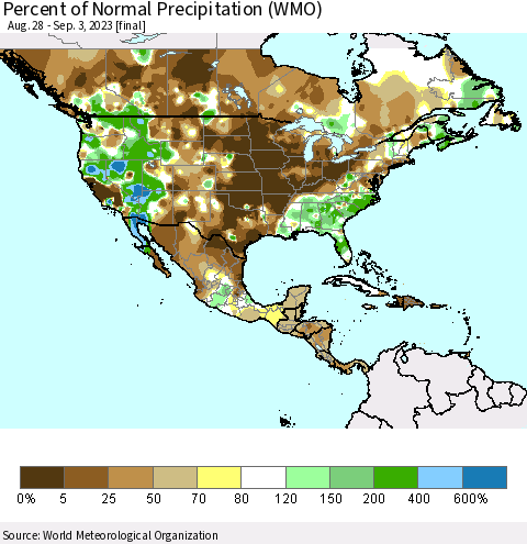 North America Percent of Normal Precipitation (WMO) Thematic Map For 8/28/2023 - 9/3/2023