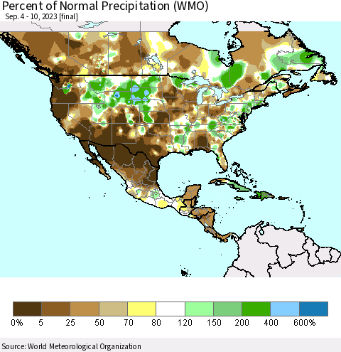 North America Percent of Normal Precipitation (WMO) Thematic Map For 9/4/2023 - 9/10/2023