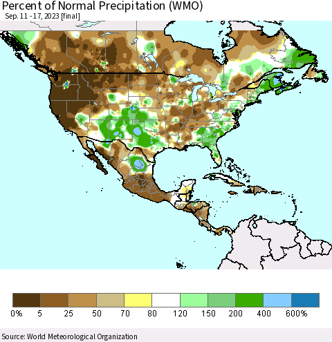 North America Percent of Normal Precipitation (WMO) Thematic Map For 9/11/2023 - 9/17/2023