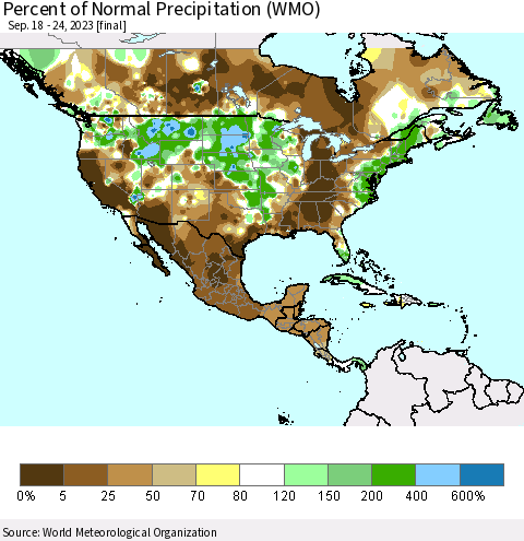 North America Percent of Normal Precipitation (WMO) Thematic Map For 9/18/2023 - 9/24/2023