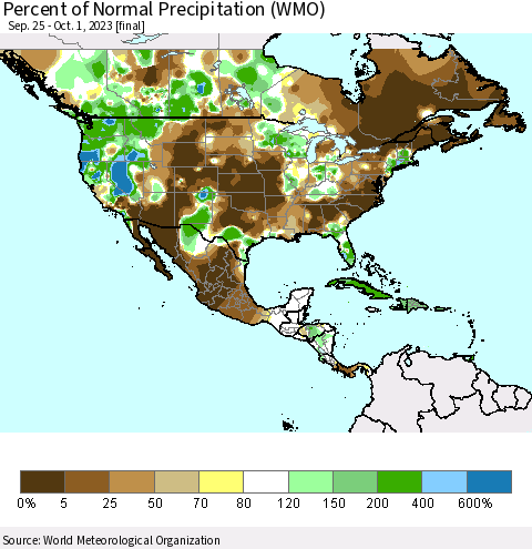 North America Percent of Normal Precipitation (WMO) Thematic Map For 9/25/2023 - 10/1/2023