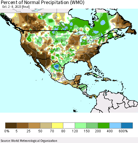 North America Percent of Normal Precipitation (WMO) Thematic Map For 10/2/2023 - 10/8/2023