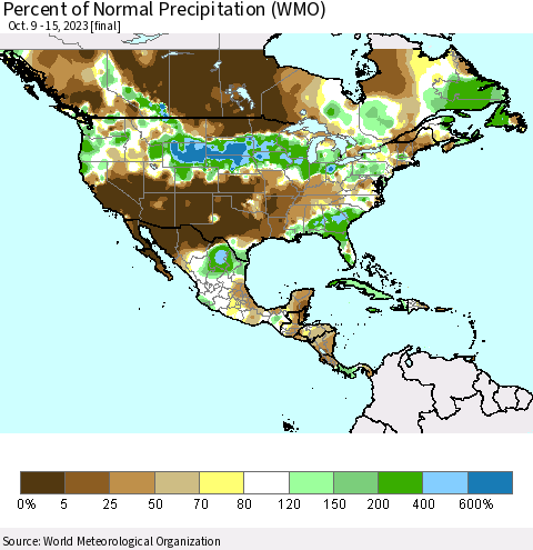 North America Percent of Normal Precipitation (WMO) Thematic Map For 10/9/2023 - 10/15/2023