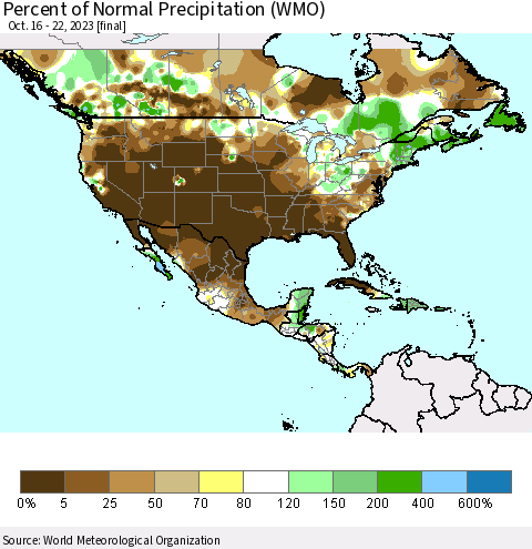 North America Percent of Normal Precipitation (WMO) Thematic Map For 10/16/2023 - 10/22/2023