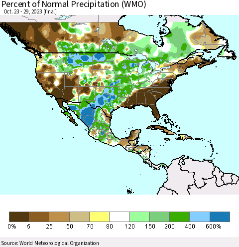 North America Percent of Normal Precipitation (WMO) Thematic Map For 10/23/2023 - 10/29/2023