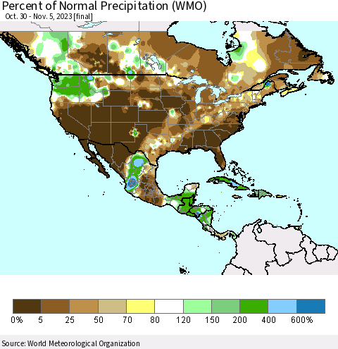 North America Percent of Normal Precipitation (WMO) Thematic Map For 10/30/2023 - 11/5/2023