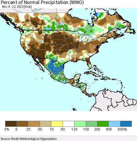 North America Percent of Normal Precipitation (WMO) Thematic Map For 11/6/2023 - 11/12/2023