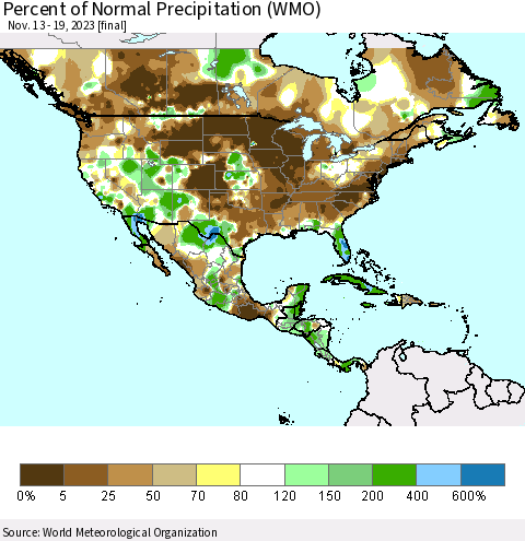 North America Percent of Normal Precipitation (WMO) Thematic Map For 11/13/2023 - 11/19/2023