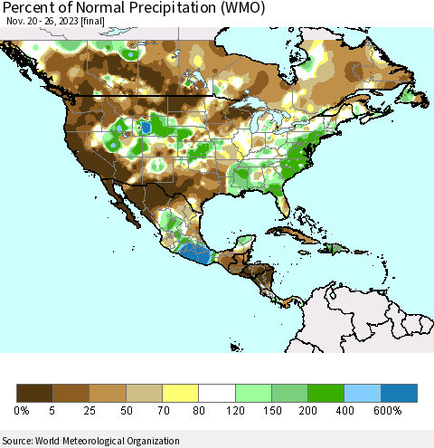 North America Percent of Normal Precipitation (WMO) Thematic Map For 11/20/2023 - 11/26/2023