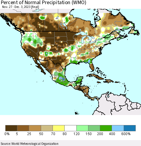 North America Percent of Normal Precipitation (WMO) Thematic Map For 11/27/2023 - 12/3/2023