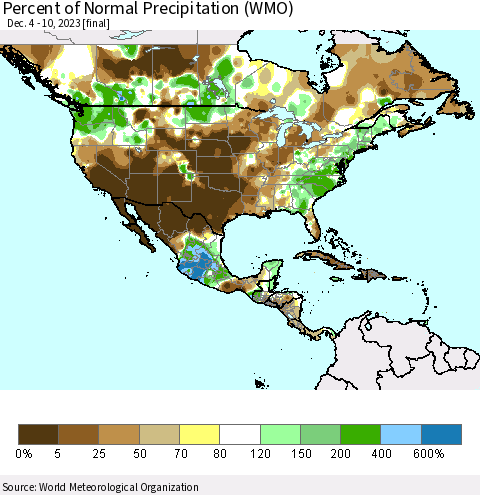 North America Percent of Normal Precipitation (WMO) Thematic Map For 12/4/2023 - 12/10/2023