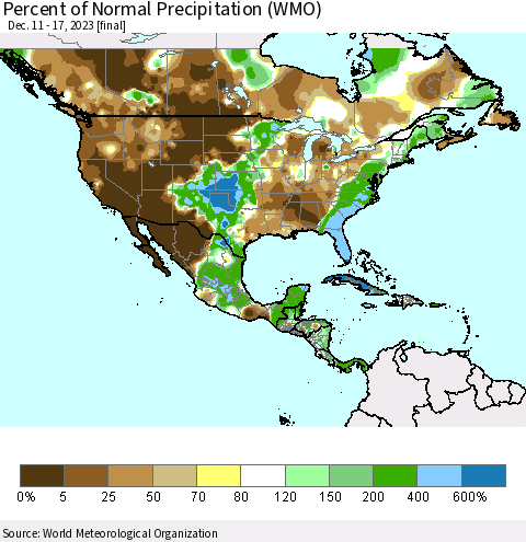 North America Percent of Normal Precipitation (WMO) Thematic Map For 12/11/2023 - 12/17/2023