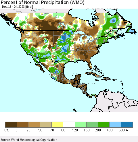North America Percent of Normal Precipitation (WMO) Thematic Map For 12/18/2023 - 12/24/2023