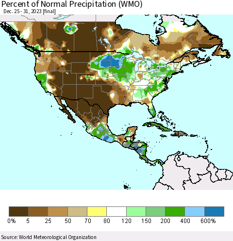 North America Percent of Normal Precipitation (WMO) Thematic Map For 12/25/2023 - 12/31/2023