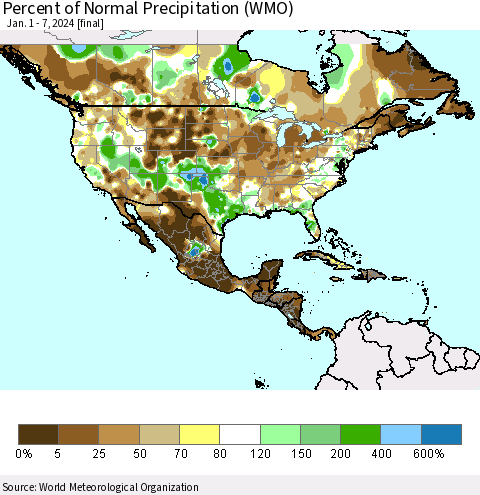North America Percent of Normal Precipitation (WMO) Thematic Map For 1/1/2024 - 1/7/2024