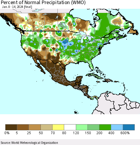 North America Percent of Normal Precipitation (WMO) Thematic Map For 1/8/2024 - 1/14/2024