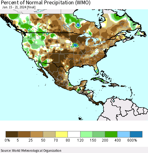North America Percent of Normal Precipitation (WMO) Thematic Map For 1/15/2024 - 1/21/2024