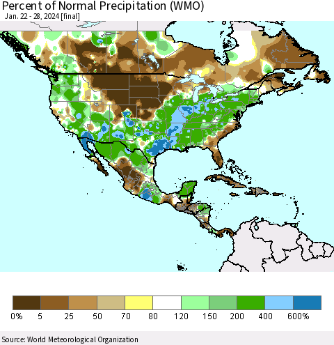 North America Percent of Normal Precipitation (WMO) Thematic Map For 1/22/2024 - 1/28/2024