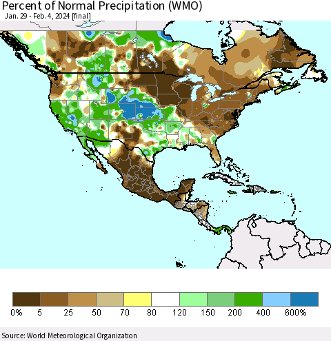 North America Percent of Normal Precipitation (WMO) Thematic Map For 1/29/2024 - 2/4/2024