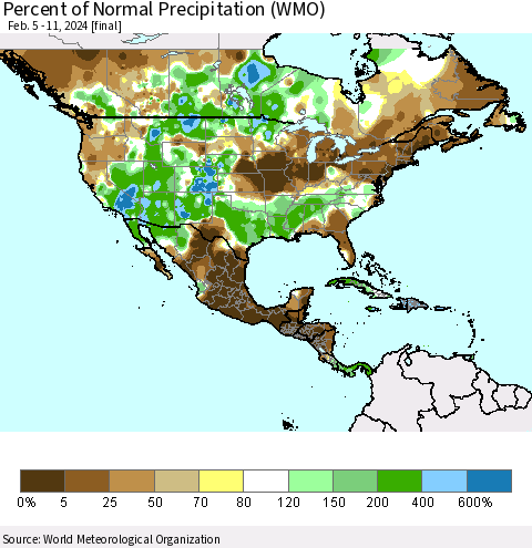 North America Percent of Normal Precipitation (WMO) Thematic Map For 2/5/2024 - 2/11/2024
