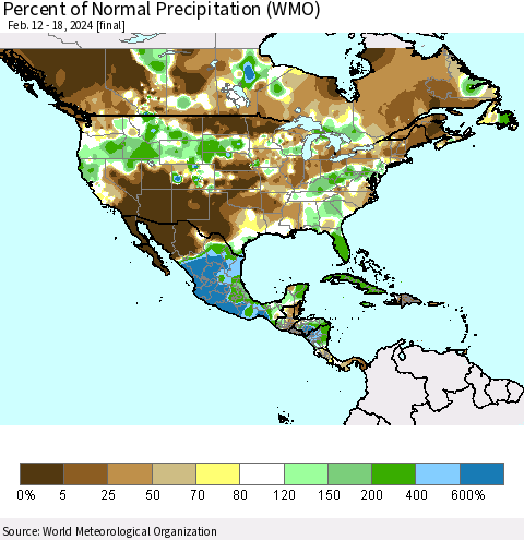 North America Percent of Normal Precipitation (WMO) Thematic Map For 2/12/2024 - 2/18/2024