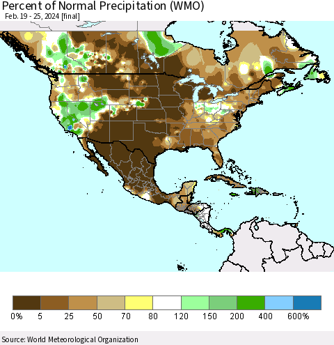 North America Percent of Normal Precipitation (WMO) Thematic Map For 2/19/2024 - 2/25/2024
