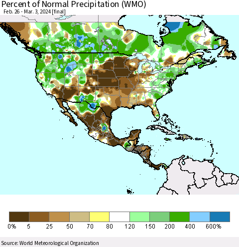 North America Percent of Normal Precipitation (WMO) Thematic Map For 2/26/2024 - 3/3/2024