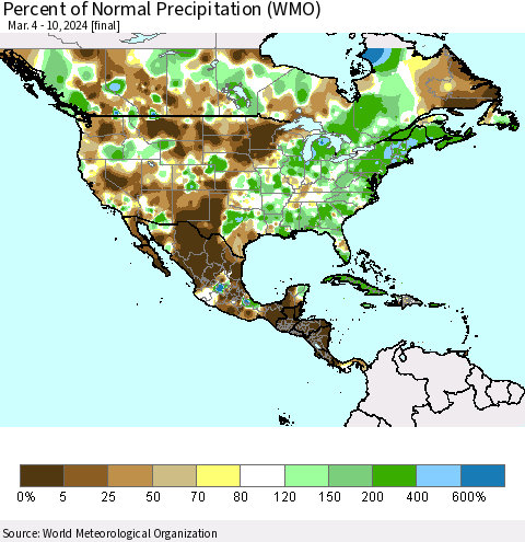 North America Percent of Normal Precipitation (WMO) Thematic Map For 3/4/2024 - 3/10/2024
