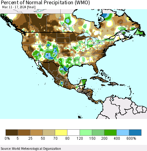 North America Percent of Normal Precipitation (WMO) Thematic Map For 3/11/2024 - 3/17/2024