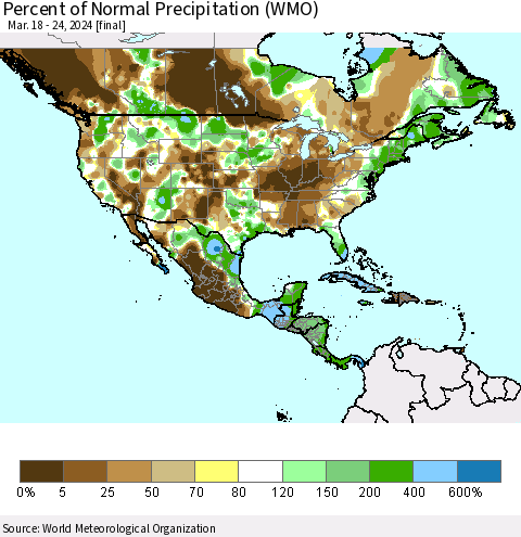 North America Percent of Normal Precipitation (WMO) Thematic Map For 3/18/2024 - 3/24/2024