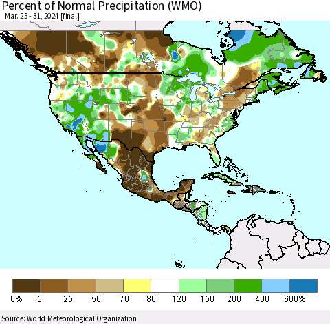 North America Percent of Normal Precipitation (WMO) Thematic Map For 3/25/2024 - 3/31/2024