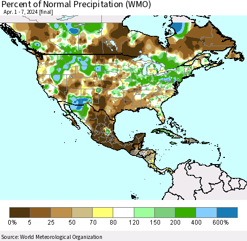 North America Percent of Normal Precipitation (WMO) Thematic Map For 4/1/2024 - 4/7/2024