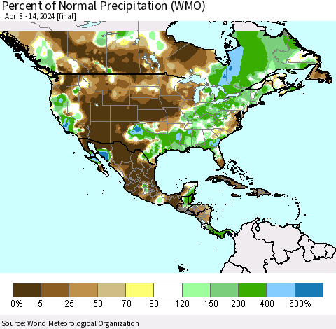North America Percent of Normal Precipitation (WMO) Thematic Map For 4/8/2024 - 4/14/2024