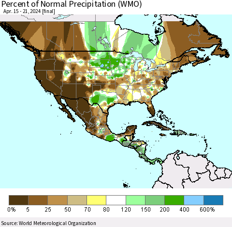 North America Percent of Normal Precipitation (WMO) Thematic Map For 4/15/2024 - 4/21/2024