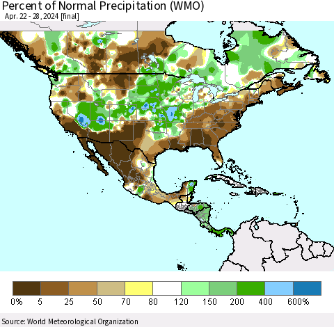 North America Percent of Normal Precipitation (WMO) Thematic Map For 4/22/2024 - 4/28/2024