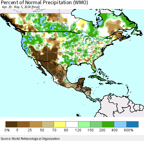 North America Percent of Normal Precipitation (WMO) Thematic Map For 4/29/2024 - 5/5/2024