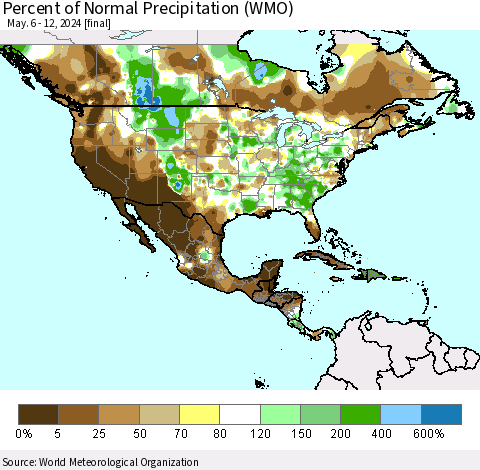 North America Percent of Normal Precipitation (WMO) Thematic Map For 5/6/2024 - 5/12/2024