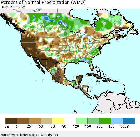 North America Percent of Normal Precipitation (WMO) Thematic Map For 5/13/2024 - 5/19/2024