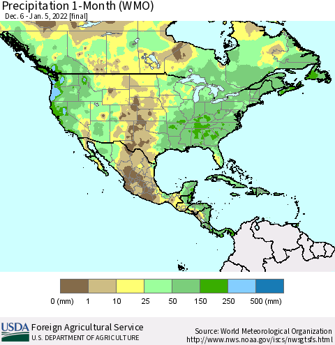 North America Precipitation 1-Month (WMO) Thematic Map For 12/6/2021 - 1/5/2022