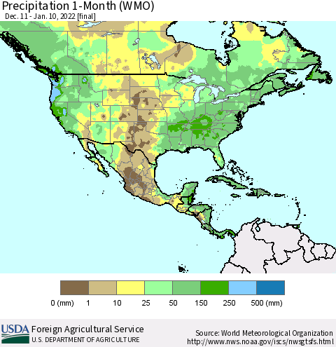 North America Precipitation 1-Month (WMO) Thematic Map For 12/11/2021 - 1/10/2022