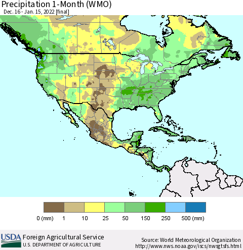North America Precipitation 1-Month (WMO) Thematic Map For 12/16/2021 - 1/15/2022