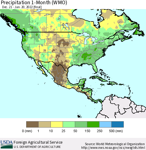 North America Precipitation 1-Month (WMO) Thematic Map For 12/21/2021 - 1/20/2022