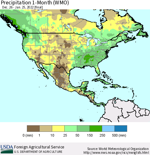 North America Precipitation 1-Month (WMO) Thematic Map For 12/26/2021 - 1/25/2022