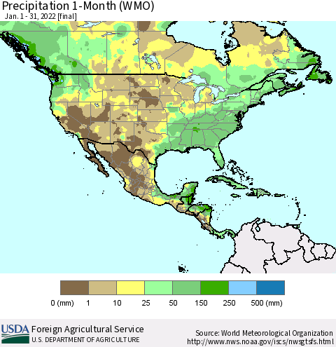 North America Precipitation 1-Month (WMO) Thematic Map For 1/1/2022 - 1/31/2022