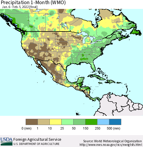 North America Precipitation 1-Month (WMO) Thematic Map For 1/6/2022 - 2/5/2022