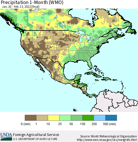 North America Precipitation 1-Month (WMO) Thematic Map For 1/16/2022 - 2/15/2022